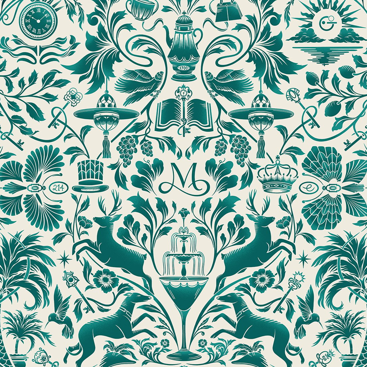 Elegant tapestry featuring intricate green illustrations of flora, fauna, and luxury symbols, evoking timeless sophistication in Maybourne's signature style
