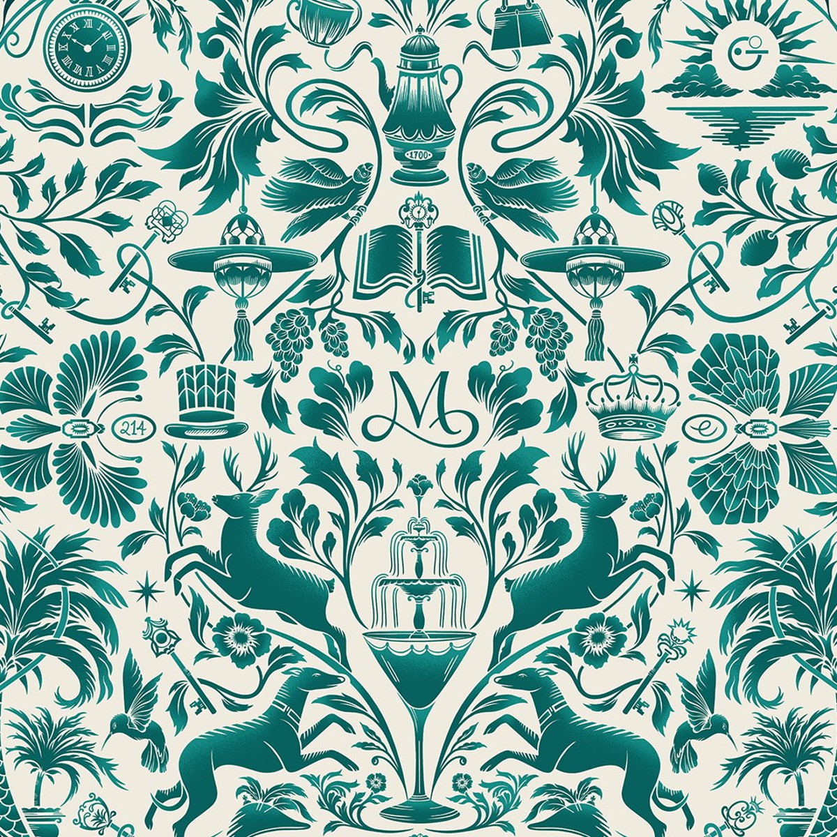 Elegant tapestry featuring intricate green illustrations of flora, fauna, and luxury symbols, evoking timeless sophistication in Maybourne's signature style