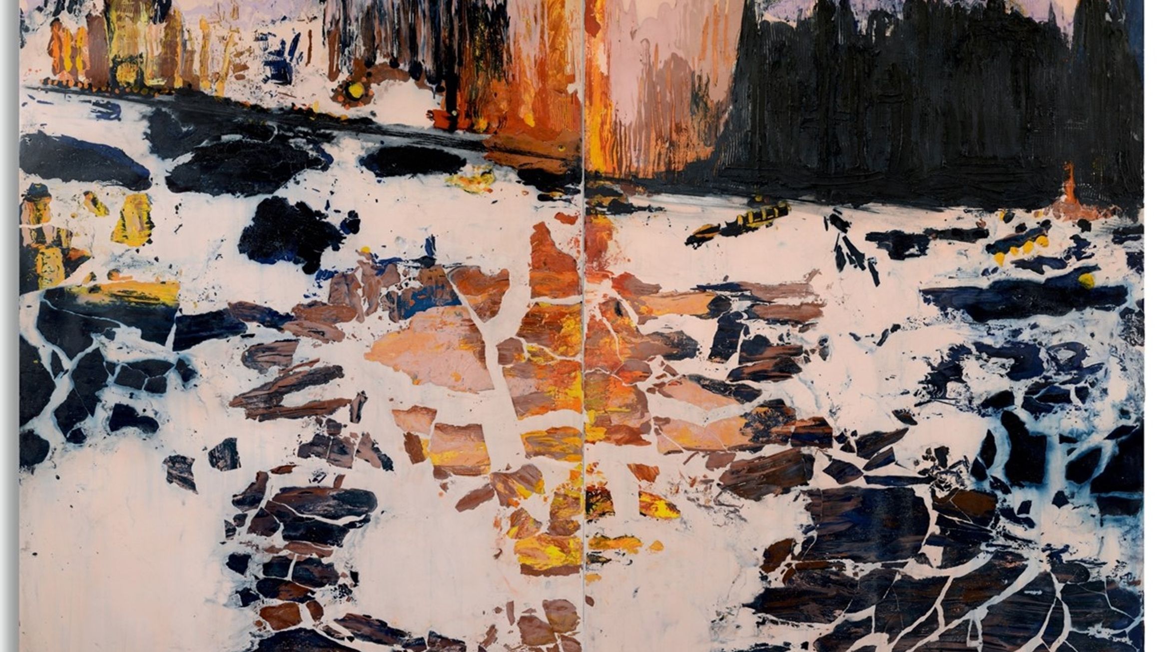 Abstract landscape with bold textures and earthy tones, featuring contrasting light and dark elements evoking natural and emotional depth.