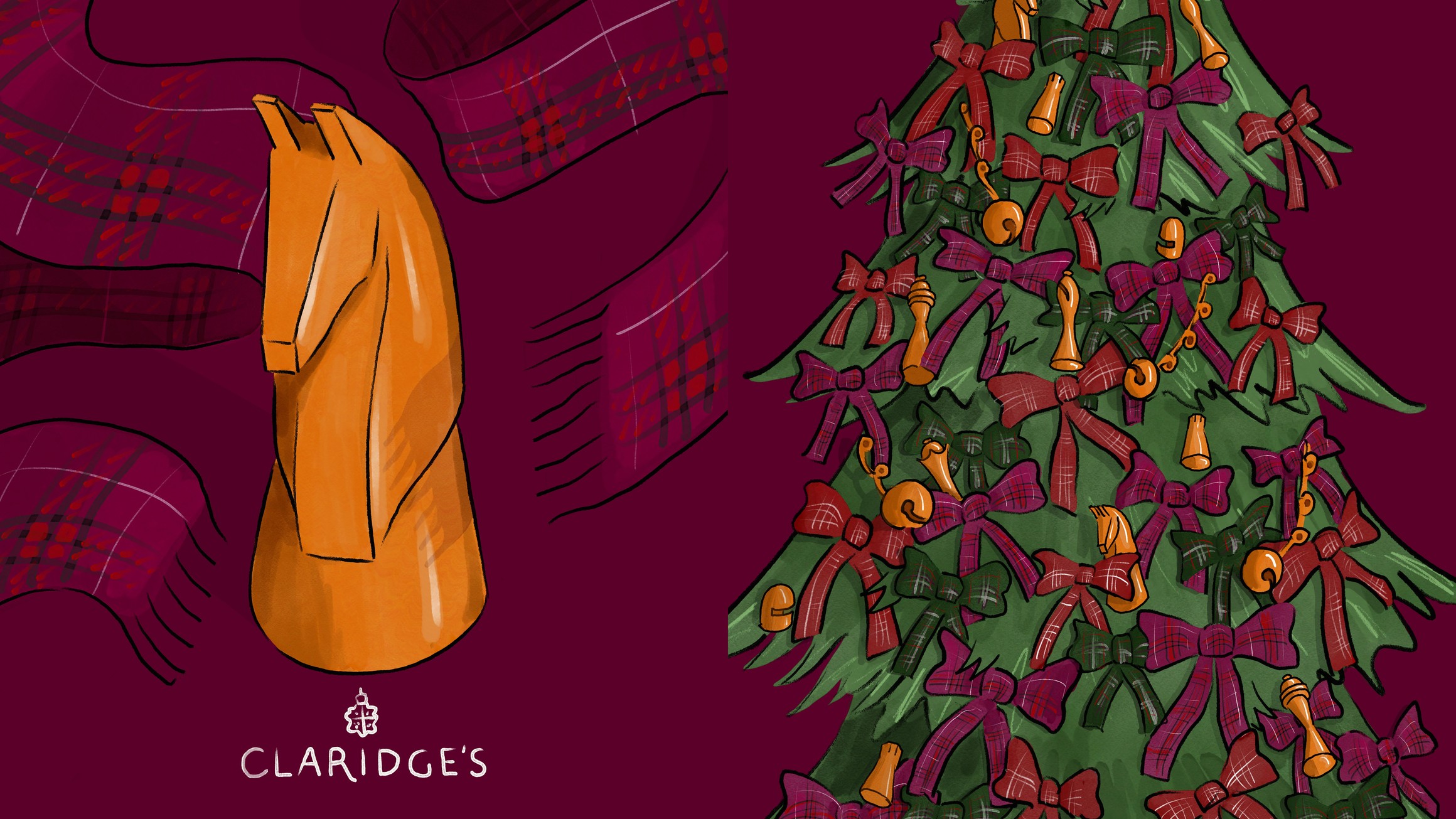 Illustrated Christmas tree with tartan bows and chess piece ornaments beside an illustrated wooden knight and tartan patterns