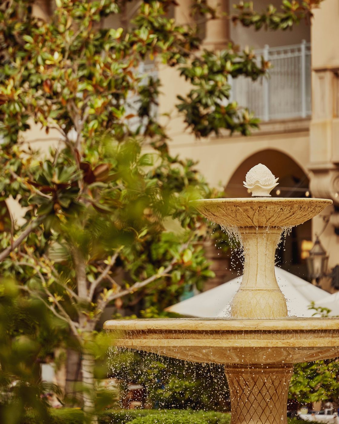 Ornate stone fountain with cascading water set within lush greenery and magnolia trees, framed by Mediterranean-style arches and soft garden light.