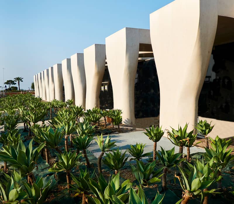 Jean Cocteau Museum’s contemporary architecture surrounded by lush green agave plants under a bright blue sky.