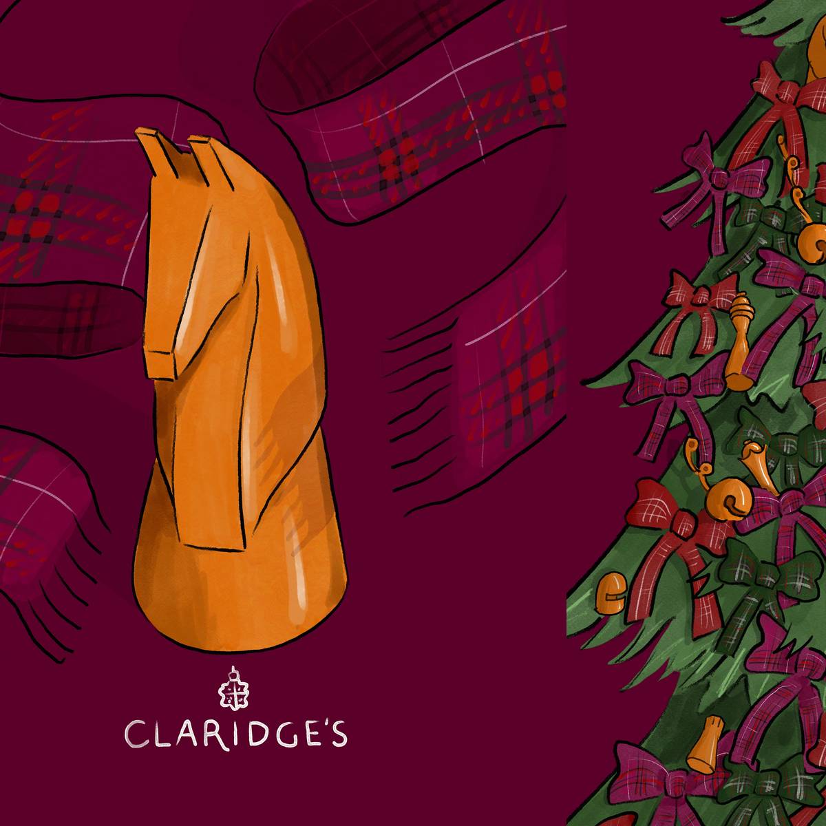 Illustrated Christmas tree with tartan bows and chess piece ornaments beside an illustrated wooden knight and tartan pattern