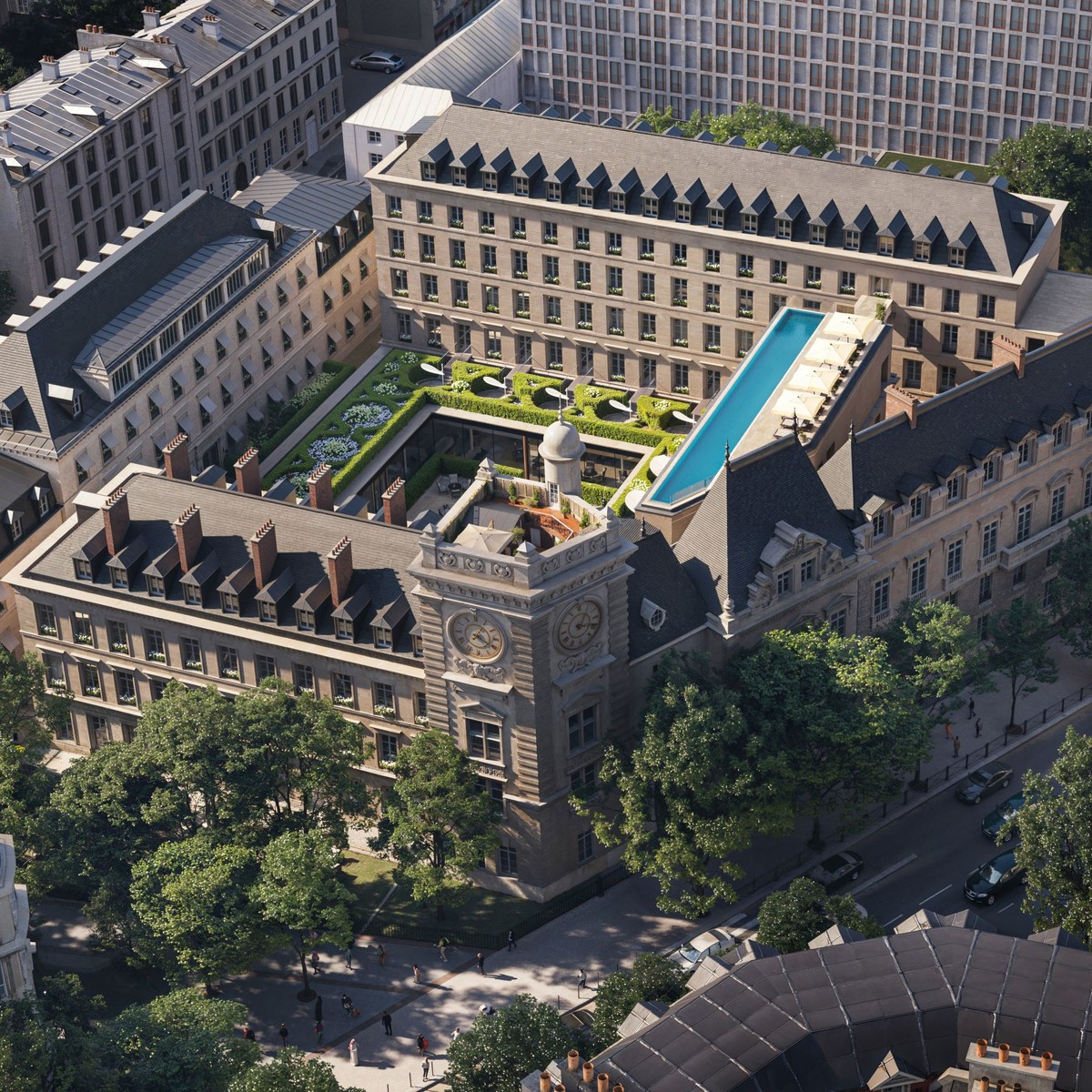 Aerial view of The Maybourne Saint-Germain, a luxury hotel in Paris, featuring a rooftop pool, lush gardens, and historic architecture.