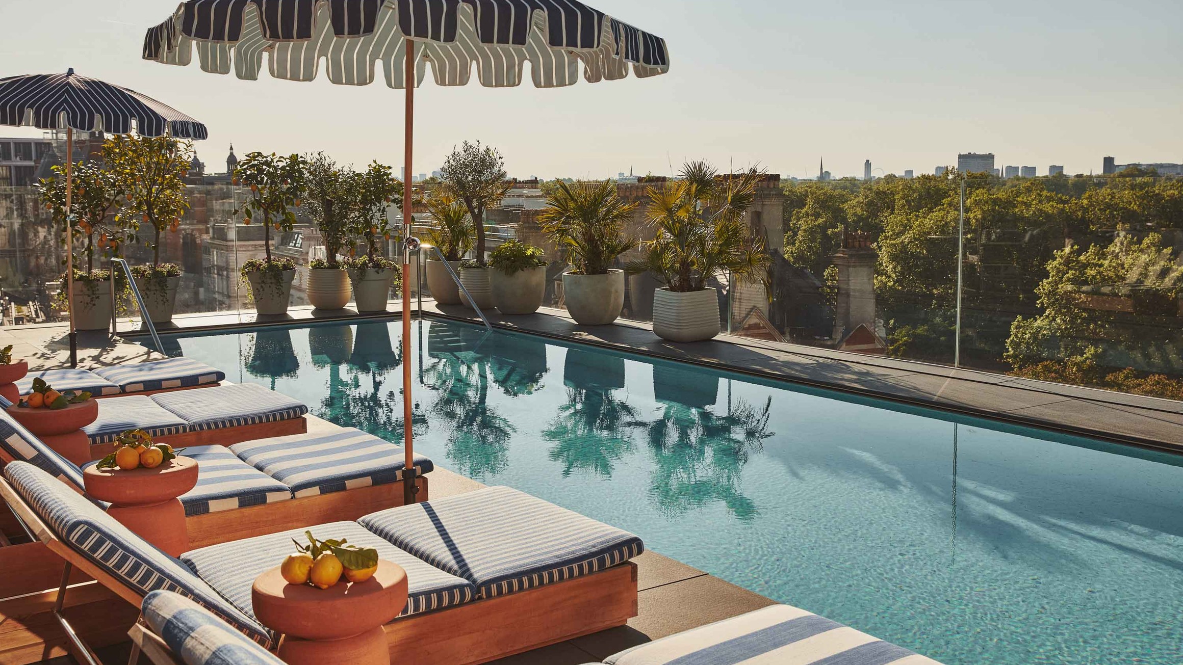 Lounge chairs and striped umbrellas beside a rooftop pool, with potted plants and a city view.