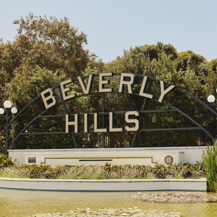 A large sign spelling out Beverly Hills in individual letters. A pond with flowers is in the foreground along with lush greenery surrounding the sign