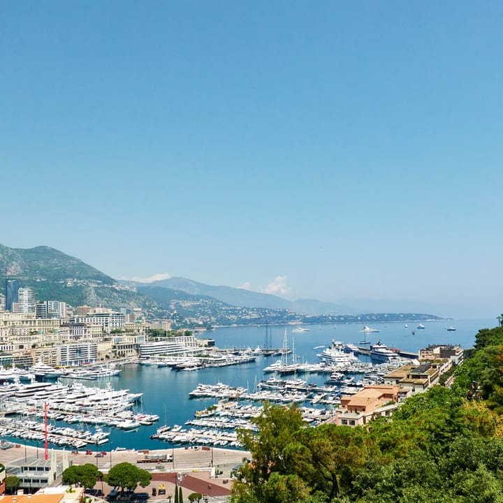 Panoramic view of Monte Carlo's marina with luxurious yachts, surrounded by hills and iconic architecture under a clear sky.