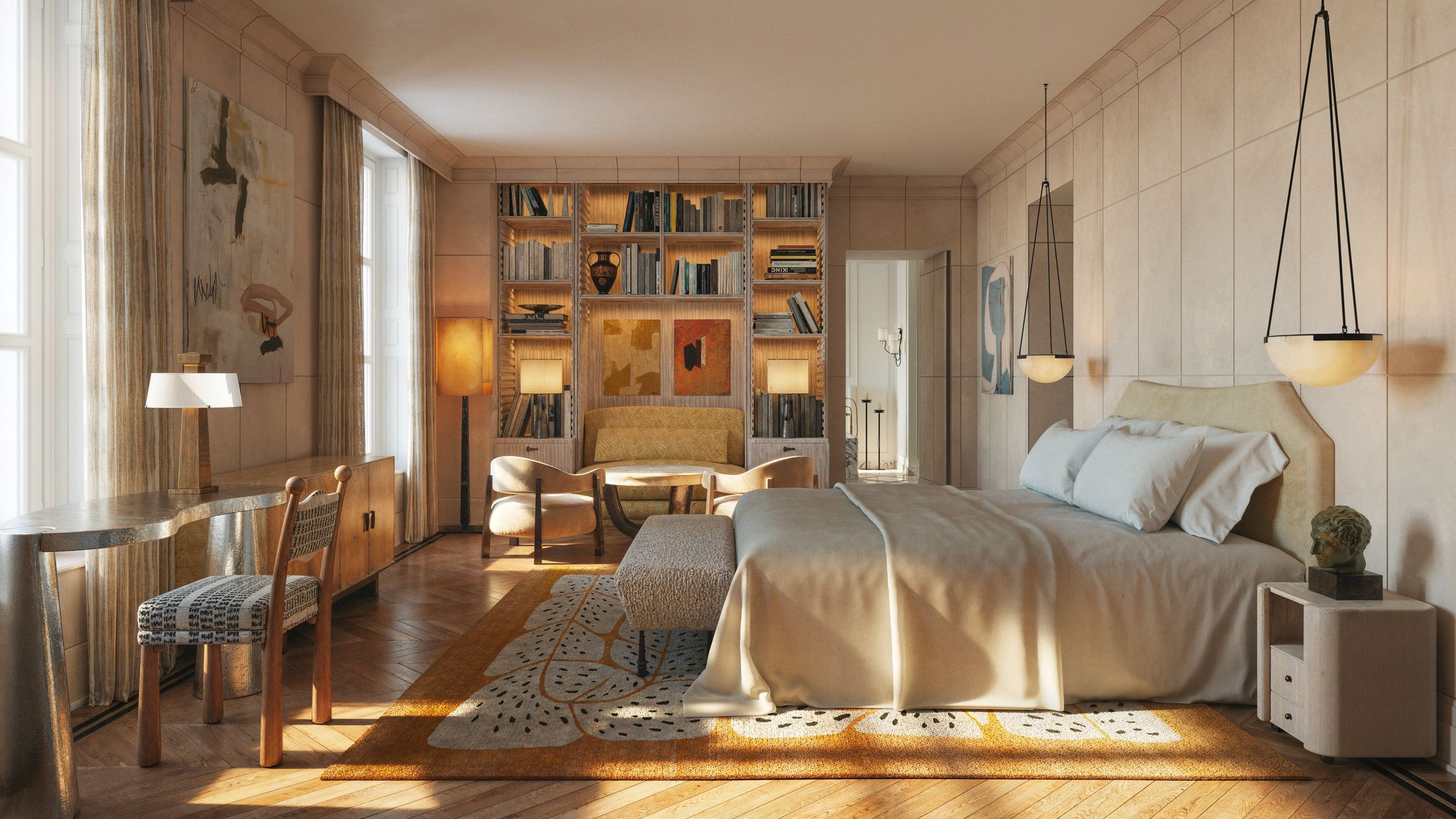 Warm-toned bedroom with double bed, bookshelves, abstract art, pendant lights, a desk, and mid-century style seating area.